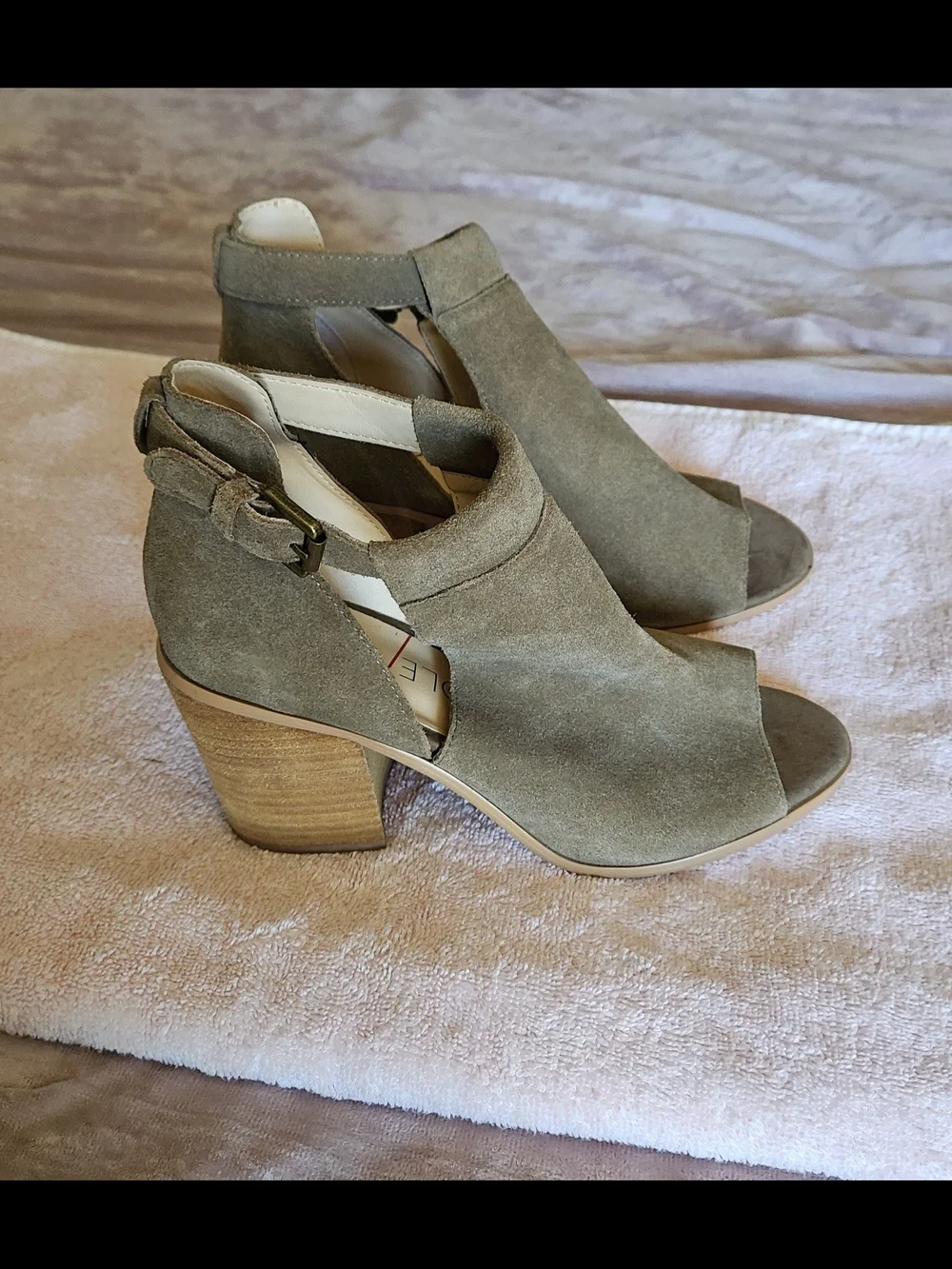 Sole Society Taupe Real Suede Open-Toe Block Heel Bootie, New, Size 7.5